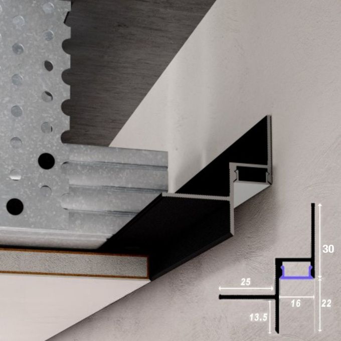 Profil distanțier umbră LED cu difuzor pentru tavane din gips-carton 16x22 mm negru