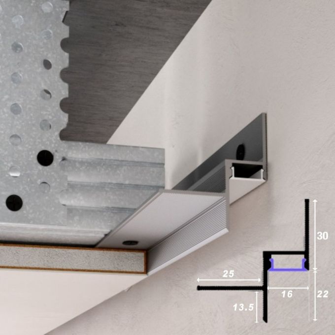 Profil distanțier umbră LED cu difuzor pentru tavane din gips-carton 16x22 mm