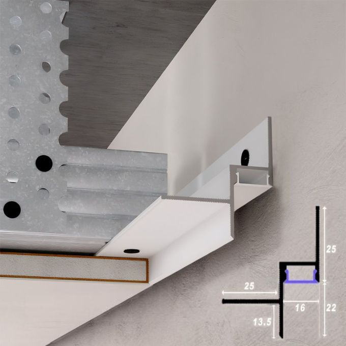 Profil distanțier umbră LED cu difuzor pentru tavane din gips-carton 16x22 mm alb